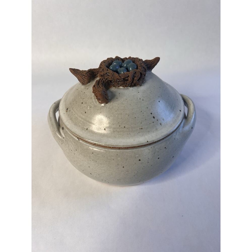 Vi Mayfield Raku Lidded Casserole • “Nest with Blue Eggs” • 1960s CA Pottery